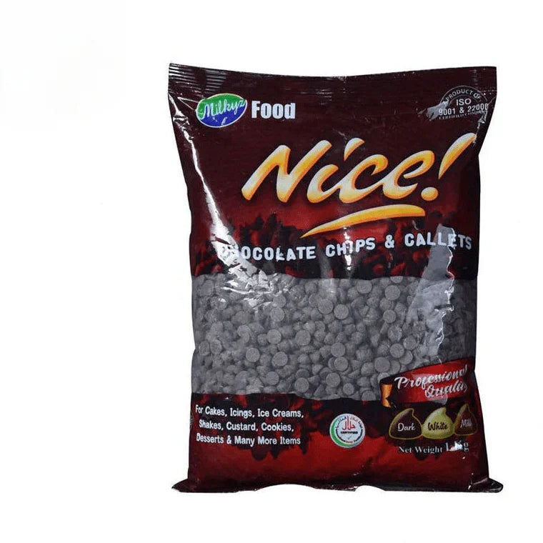 Bag of Nestle Nice chocolate chips and gallets on a white background