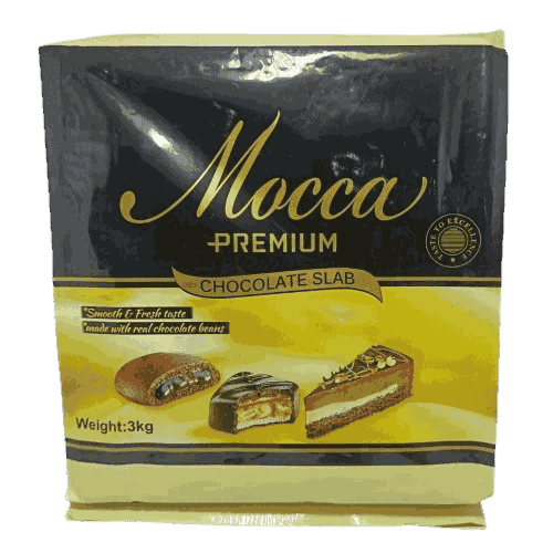 Mocca Premium Slab 3kg, rich dark chocolate block for baking, coating, and confectionery.