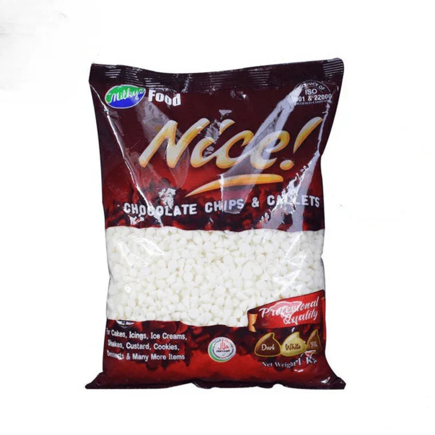 Milkyz Nice White Chocolate Chips 1kg, creamy, smooth chocolate for cookies, cakes, and desserts. ✅